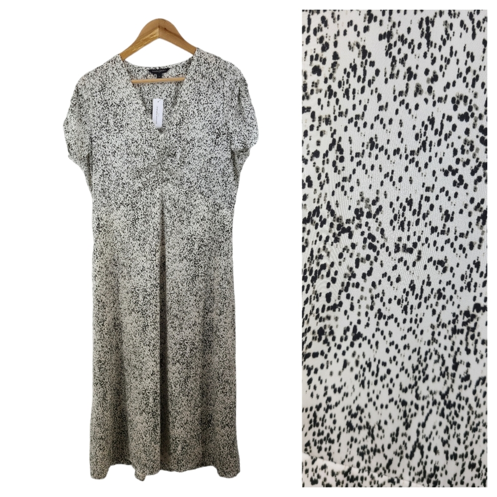 BANANA REPUBLIC Dress Fit & Flare Midi Ruched Front Sleeves Black White L Tall